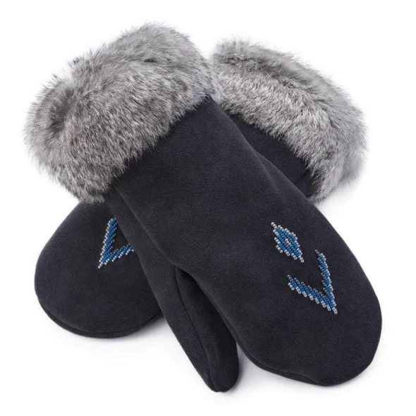 Fur Trim Mitt Navy Adult