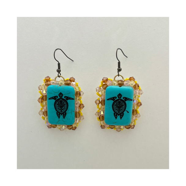 Red & Yellow Beaded Earrings with Turquoise Turtle Stone