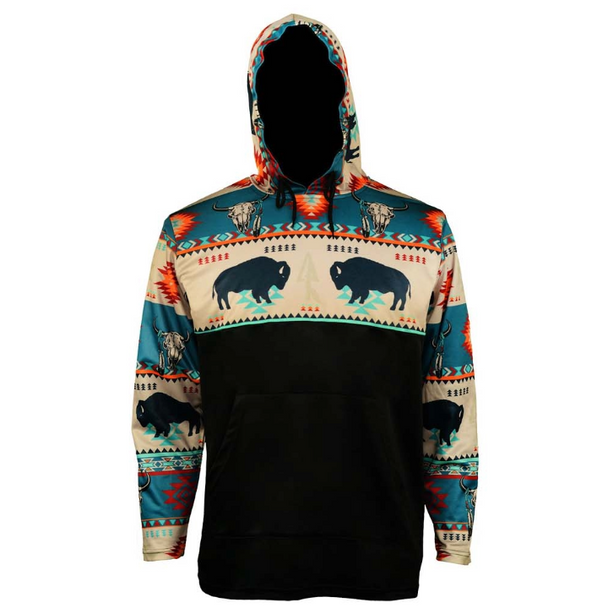Hooded Long Sleeve T-shirt with Bison Bull - Teal