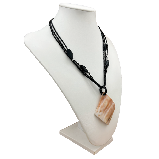 Statement Necklace Black String Beads & Diamond Shell
