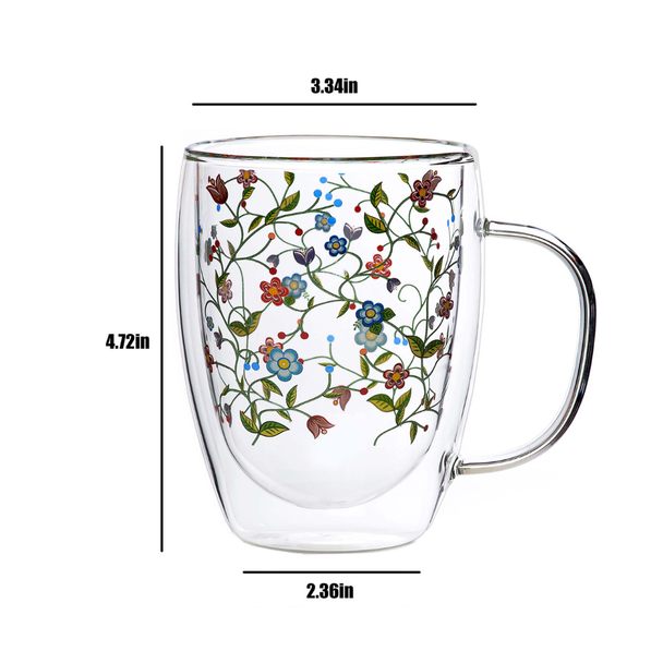 Glass Mug Floral Enchantment Double Wall 11oz