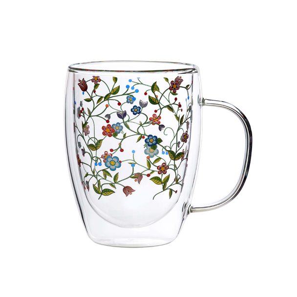 Glass Mug Floral Enchantment Double Wall 11oz