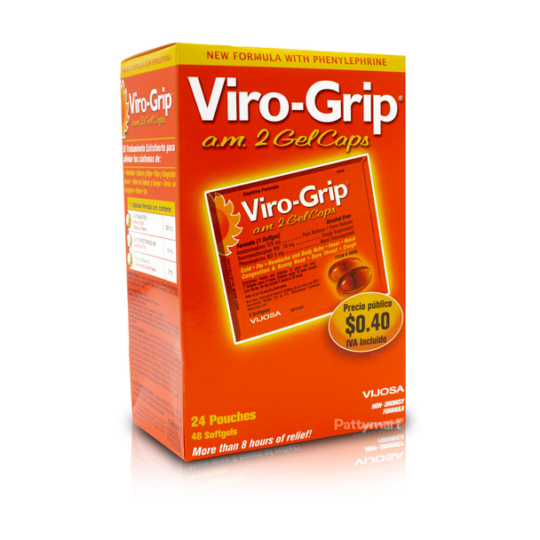 Virogrip A.M. 24 pouches with 2 gel caps_Box_Caja