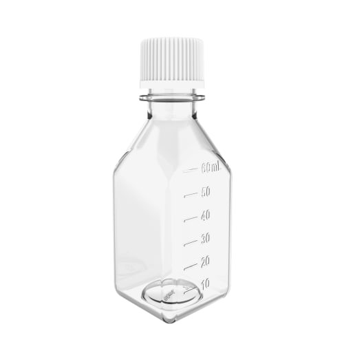 60ML SQUARE GRADUATED PETG MEDIA BOTTLE WITH WHITE HDPE LEAK-PROOF CAP AND TAMPER-EVIDENT SHRINK BAND STERILE; 10ML GRADUATIONS(323069)