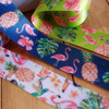 1 ½” x 10 meters  Tropical Flamingos Navy Satin Ribbon