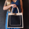 Jute Burlap Tote Bag with Black Pocket 12 x 12 x 7 ¾ inches