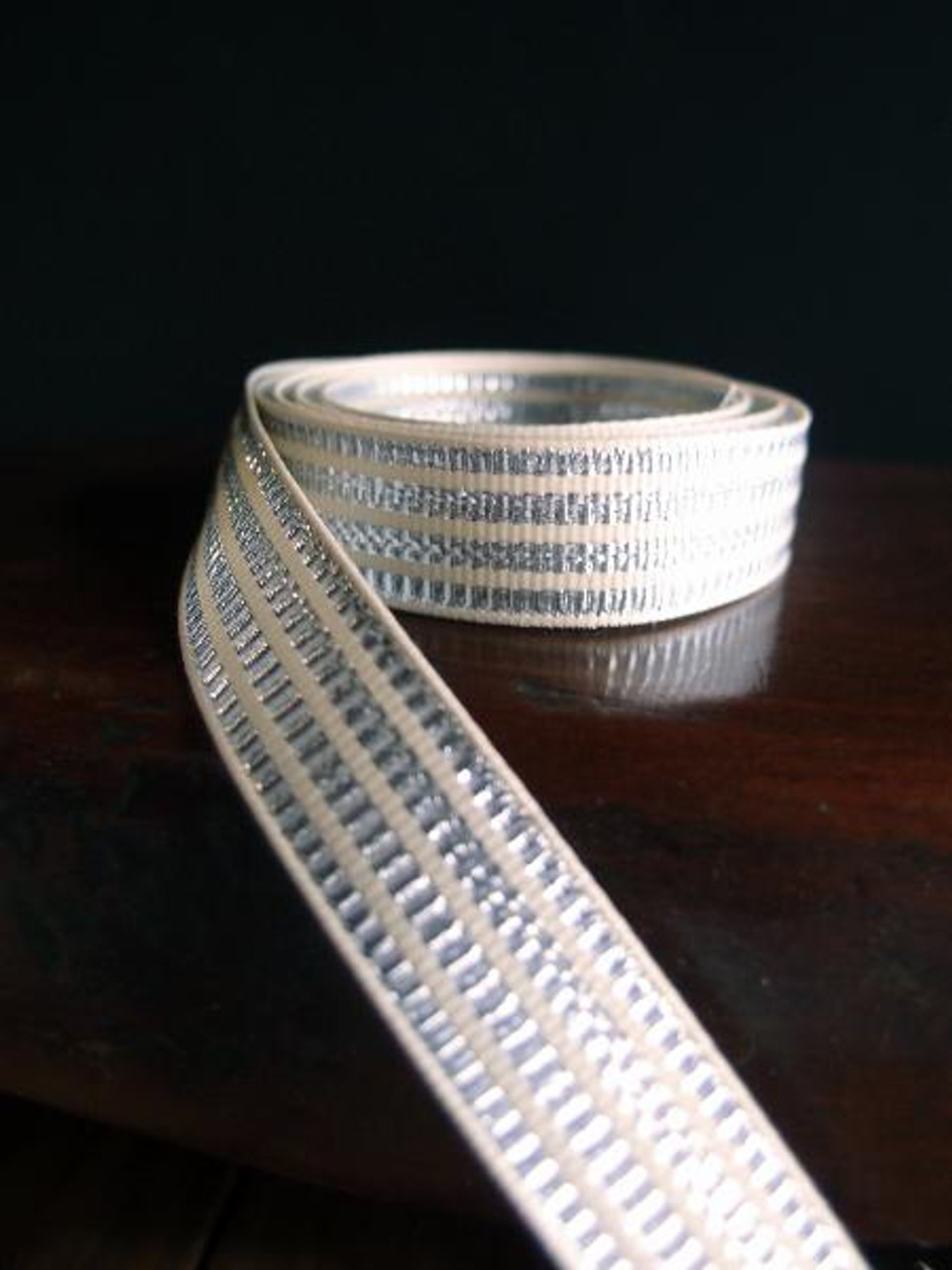 Metallic Silver & Ivory Seersucker Striped Grosgrain Ribbon (3 sizes) 