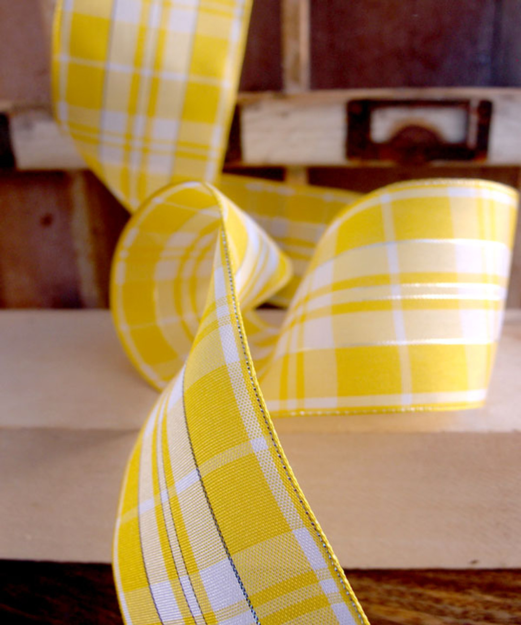 Yellow & White Plaid Wired Ribbon with Metallic Accents (2 sizes)