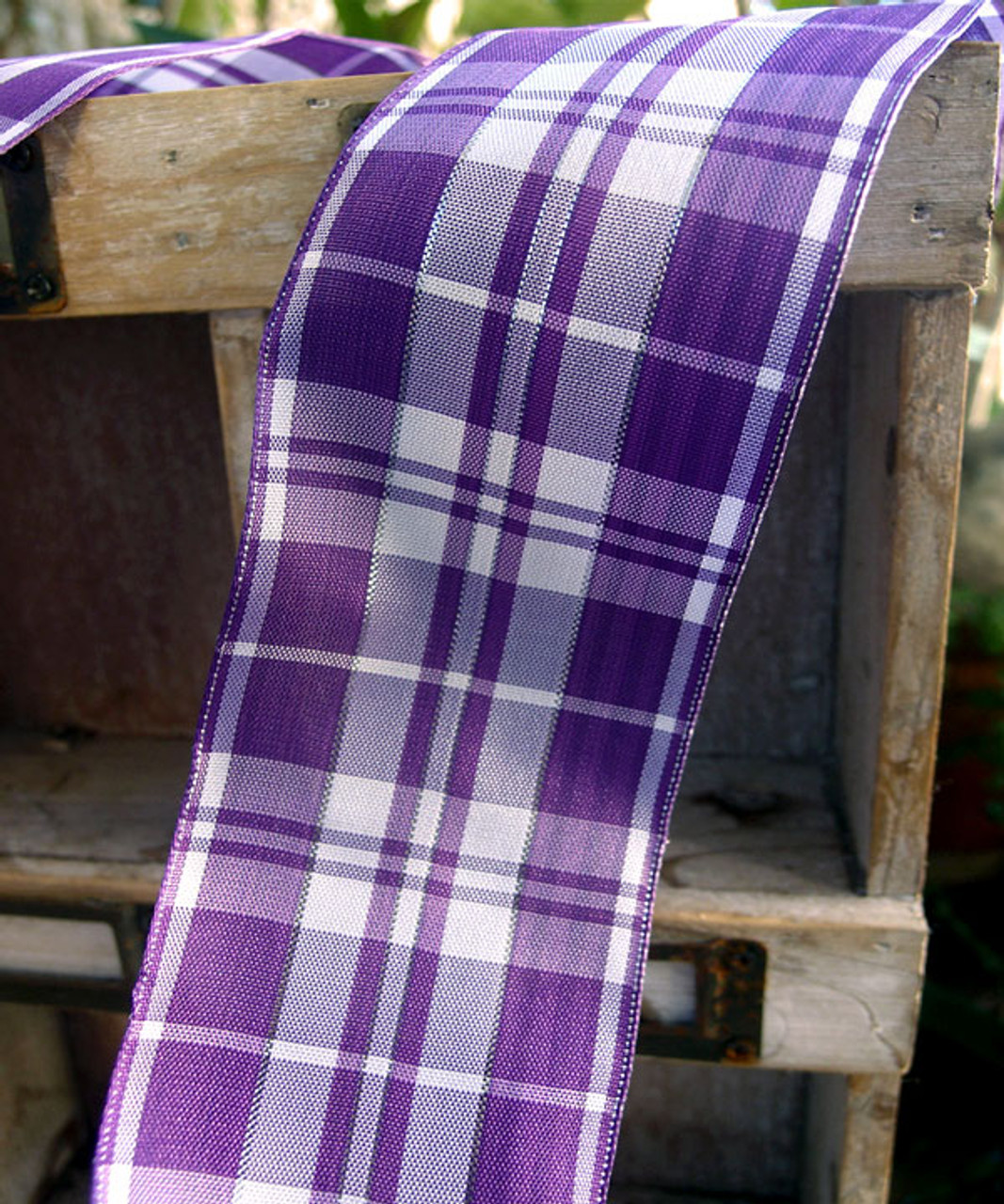 Purple & White Plaid Wired Ribbon with Metallic Accents (2 sizes)