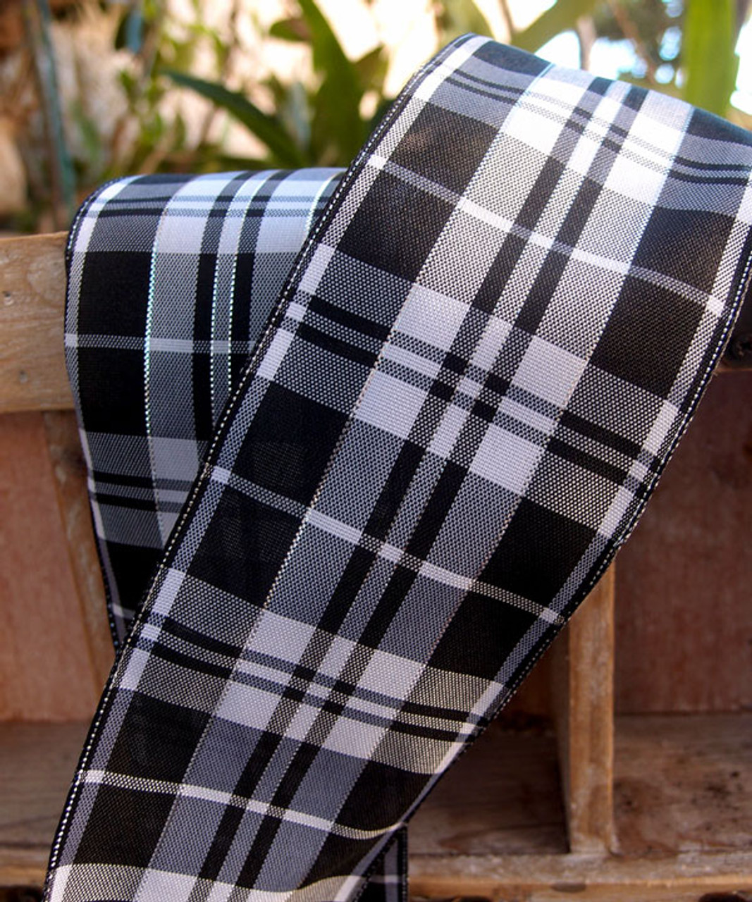 Black & White Plaid Wired Ribbon with Metallic Accents (2 sizes)