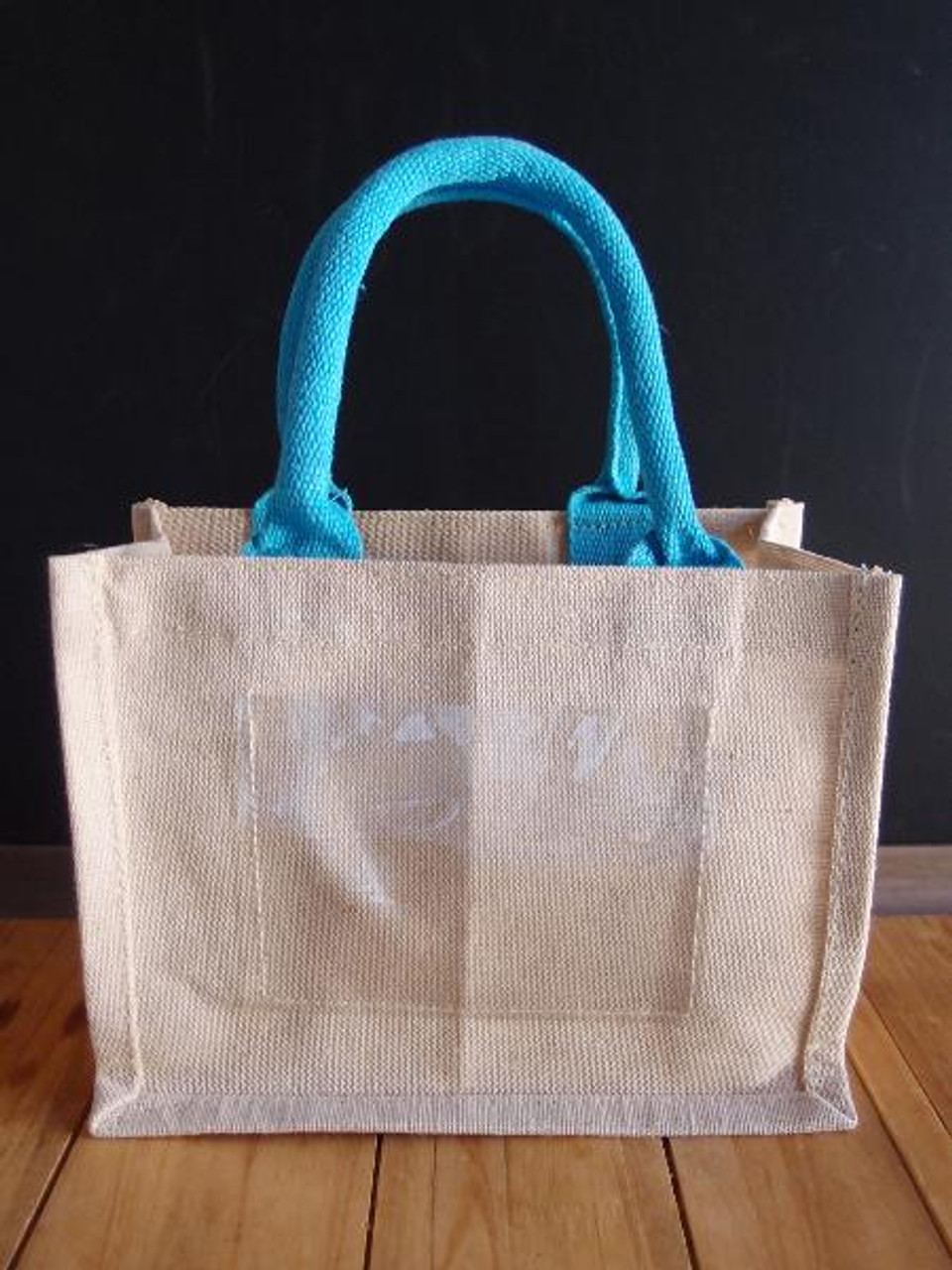 Jute Blend Tote w/Photo Pocket 10" x 8" x 5" Blue Handles