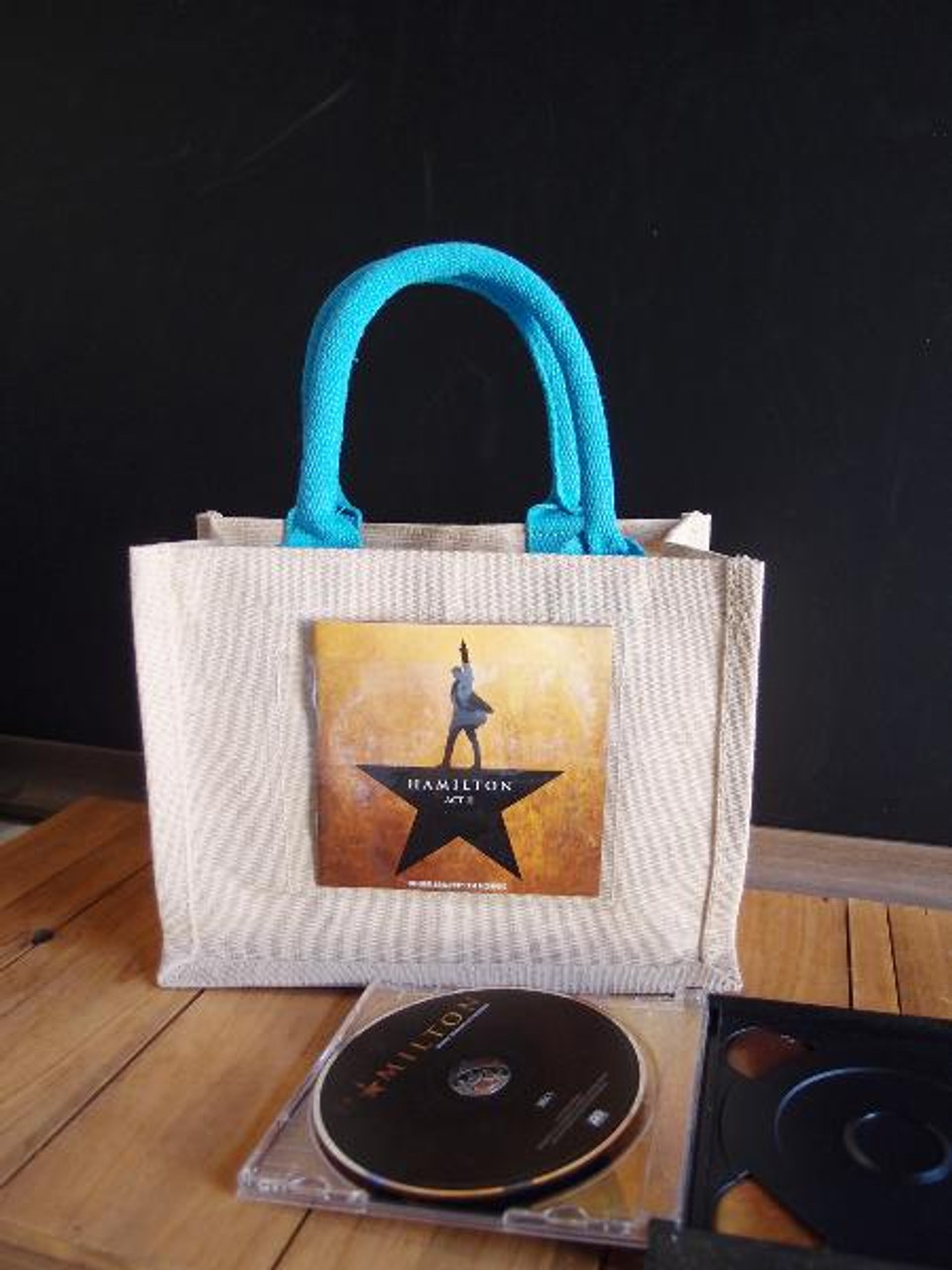 Jute Blend Tote w/Photo Pocket 10" x 8" x 5" Blue Handles