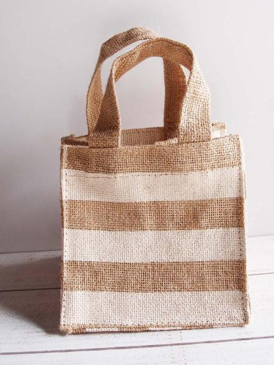 Jute Plant Tote with White Stripes - 6" x 6" x 6"