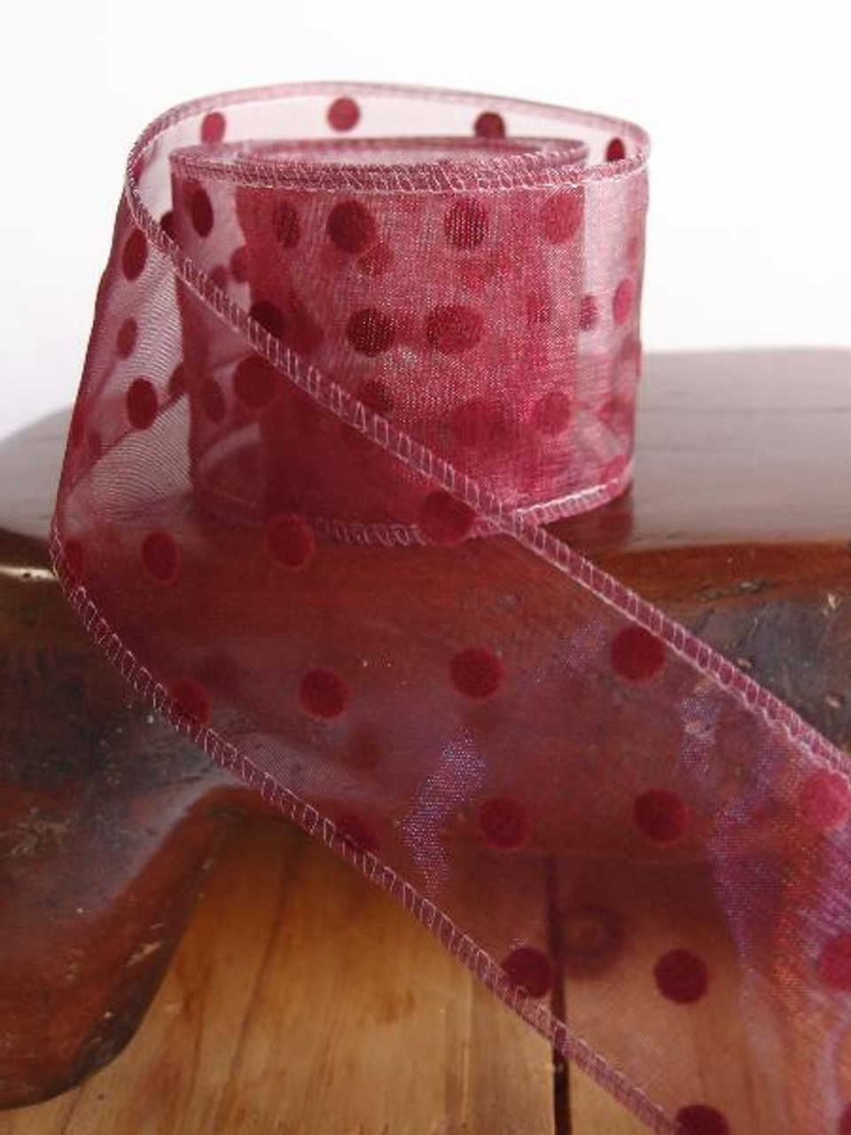 Burgundy Sheer Ribbon with Fuzzy Burgundy Dots Wired