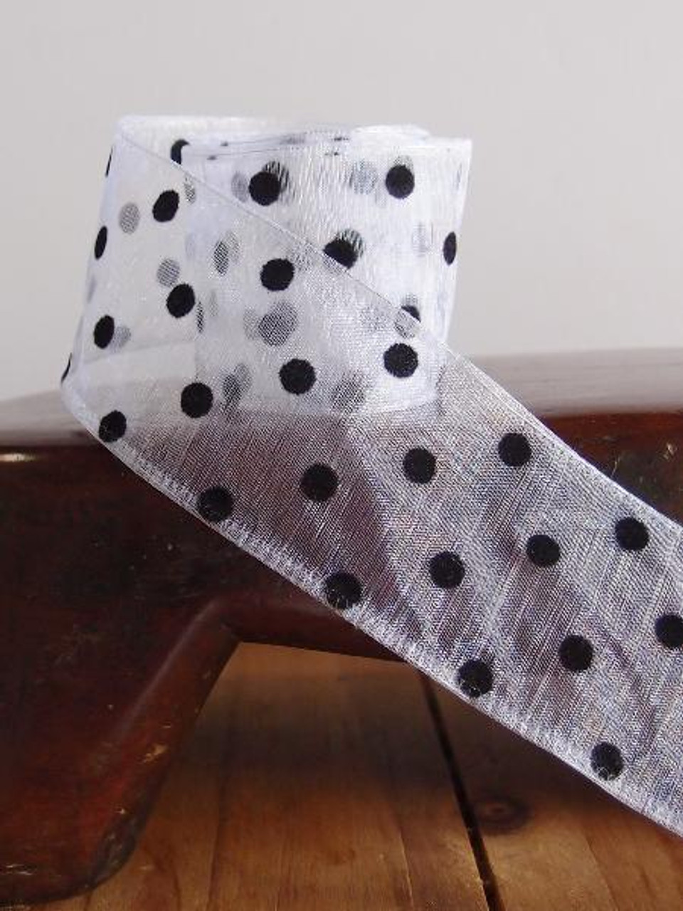 White Sheer Ribbon with Fuzzy Black Dots Wired