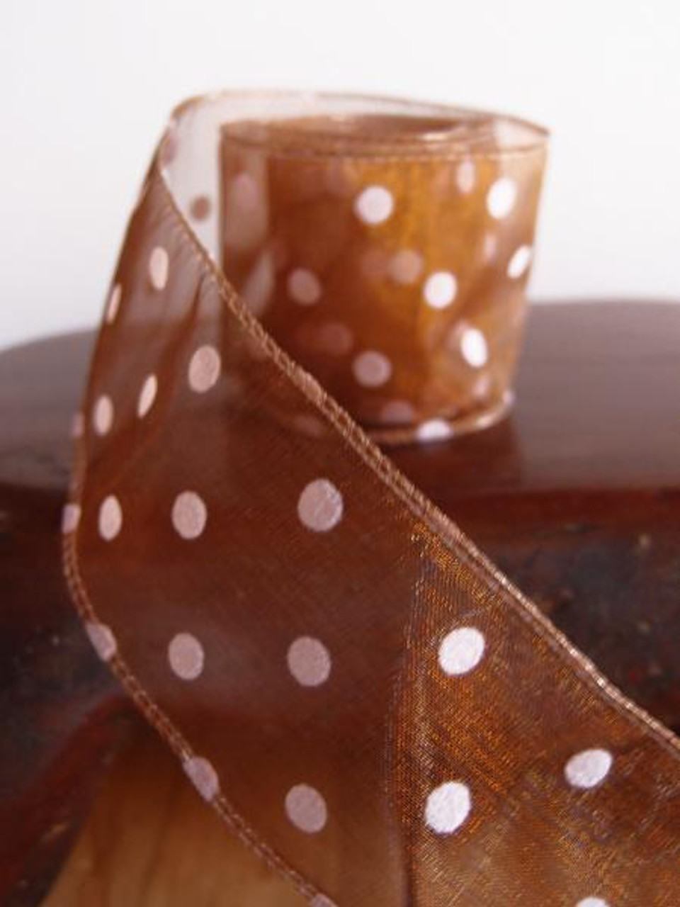 Chocolate Sheer Ribbon with Fuzzy Pink Dots Wired