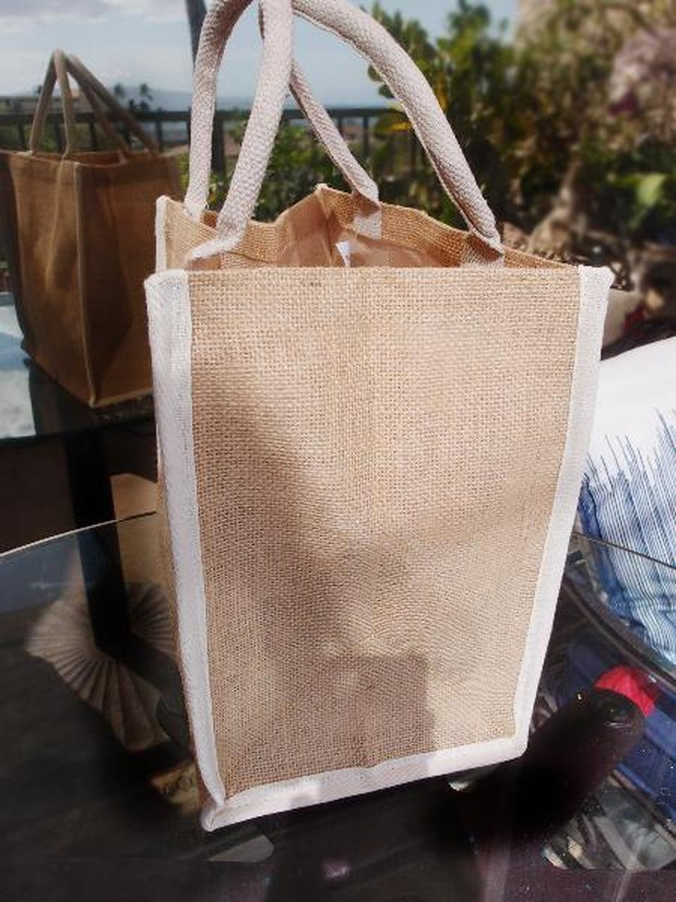 Wholesale Burlap Tote Bags, Jute Tote Bag with White Cotton Trim 12" W x 12" H x 7 3/4" Gusset , B875-71