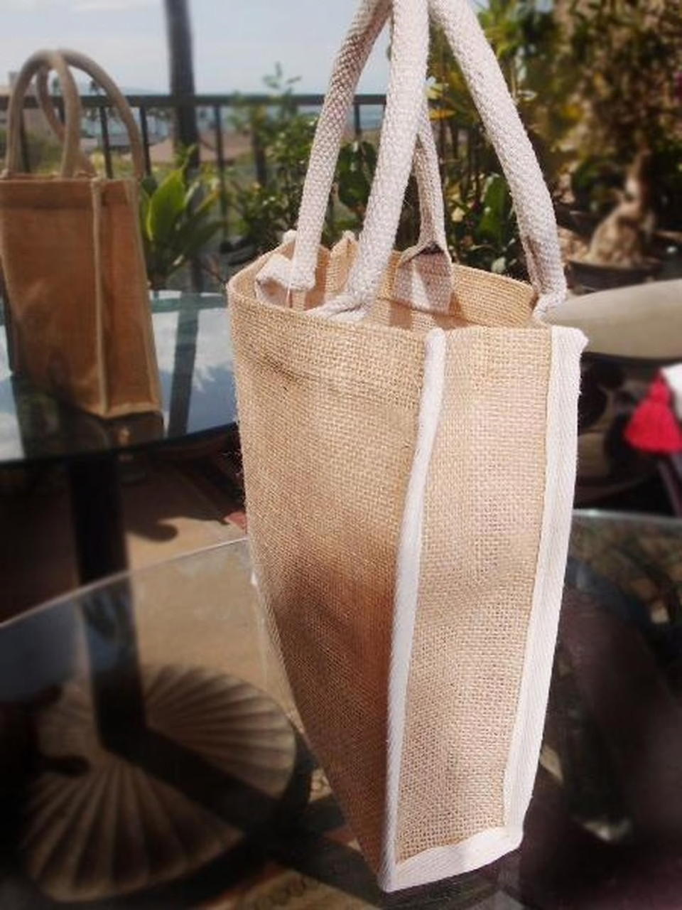 Wholesale Burlap Tote Bags, Jute Tote with White Cotton Trim 10 1/4" W x 9" H x 3" Gusset, B874-71