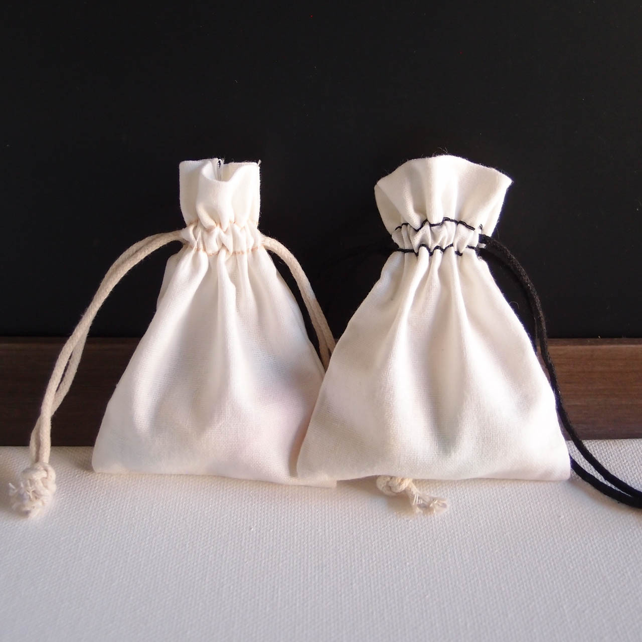 White Cotton Natural Drawstrings Bag with Ivory Stitching (10 sizes)