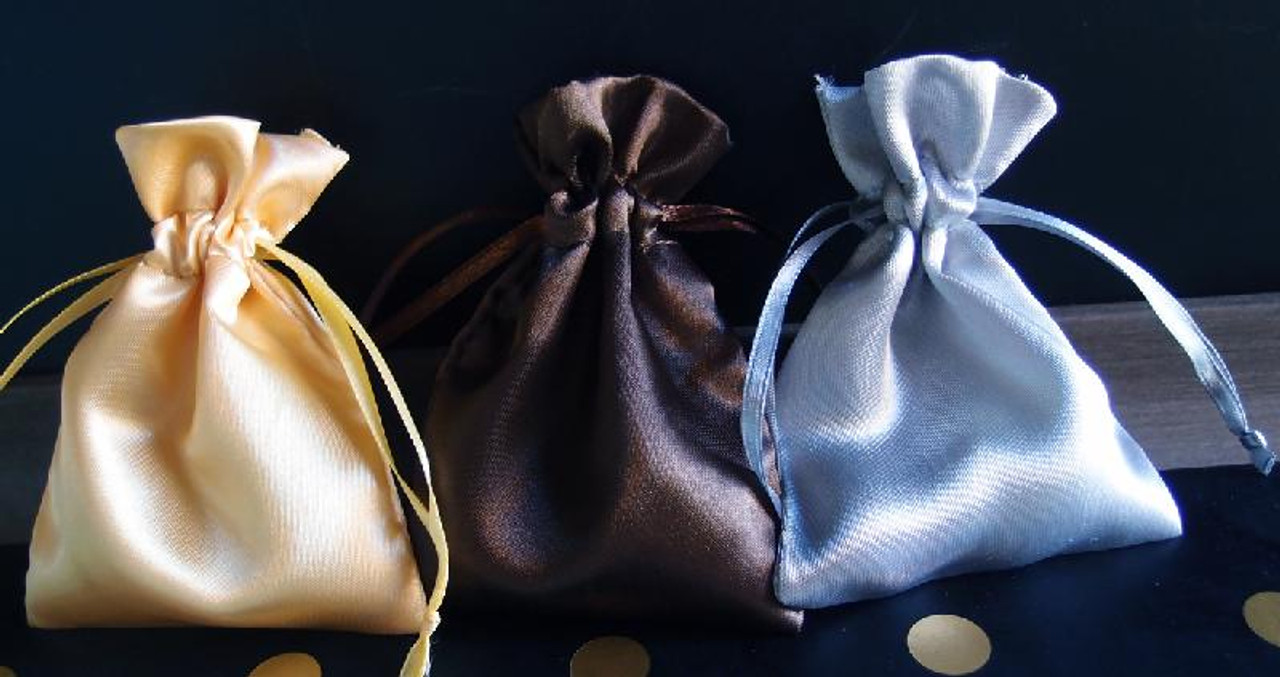 Dark Brown Satin Bag with Satin Ribbon String Wholesale Satin