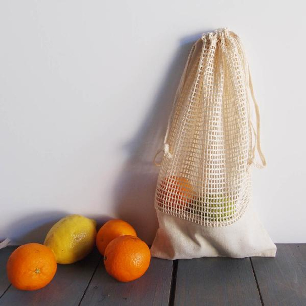 Cotton Net Drawstring Bag with Fabric Trim Bottom (5 sizes)