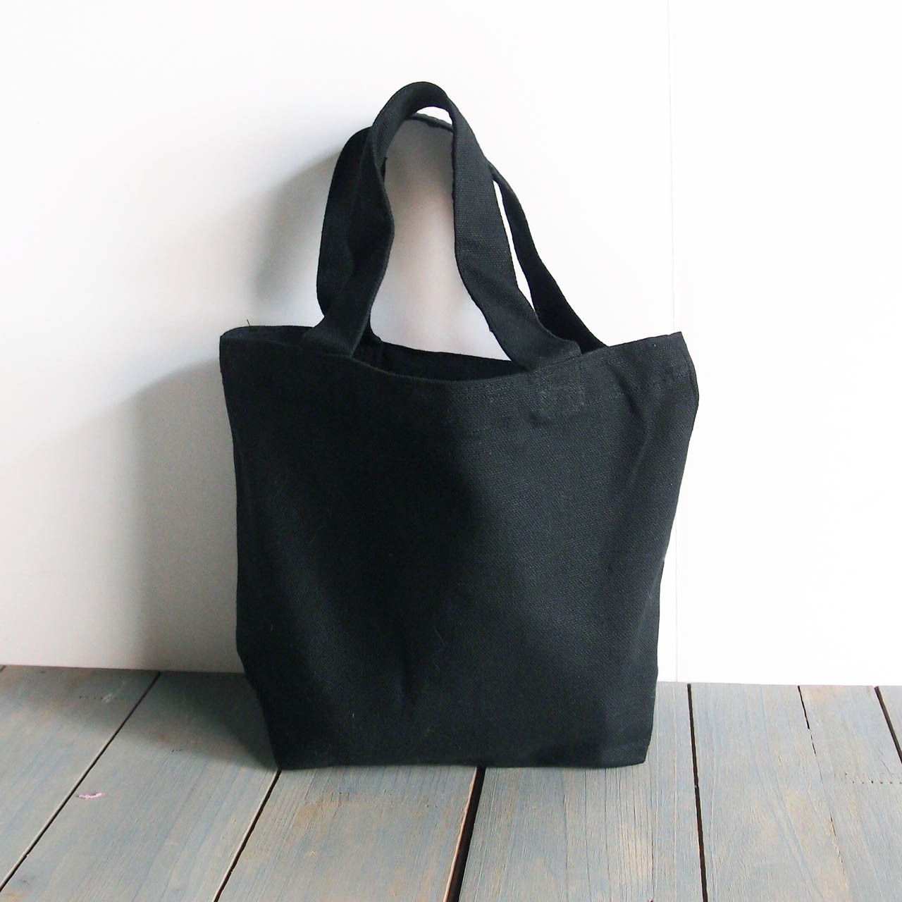 Small Cotton Canvas Tote Bag Black with Black Handles 9 1/2” W x 8” H x 3” Gusset