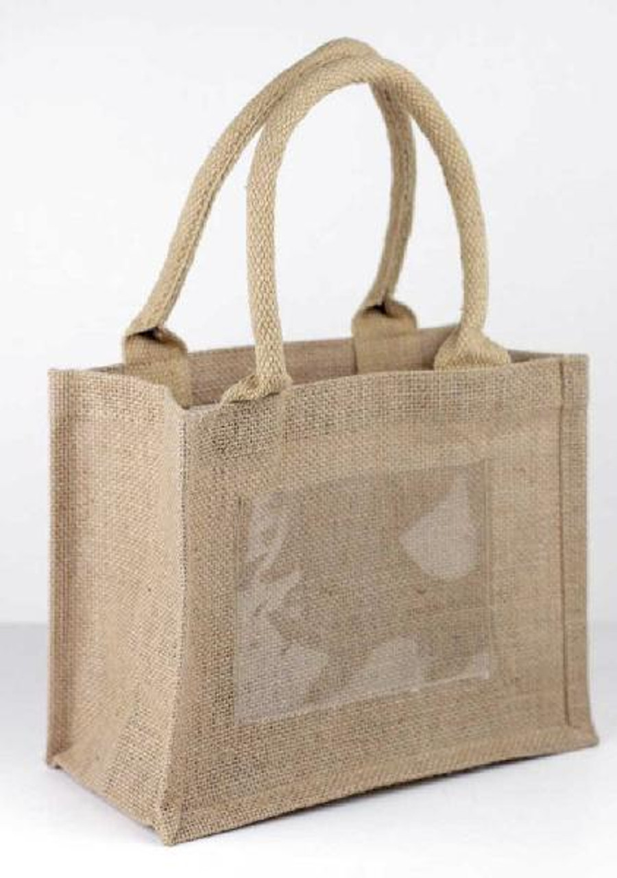 Jute Burlap Tote w/Photo Pouch 10" x 8" x 5"