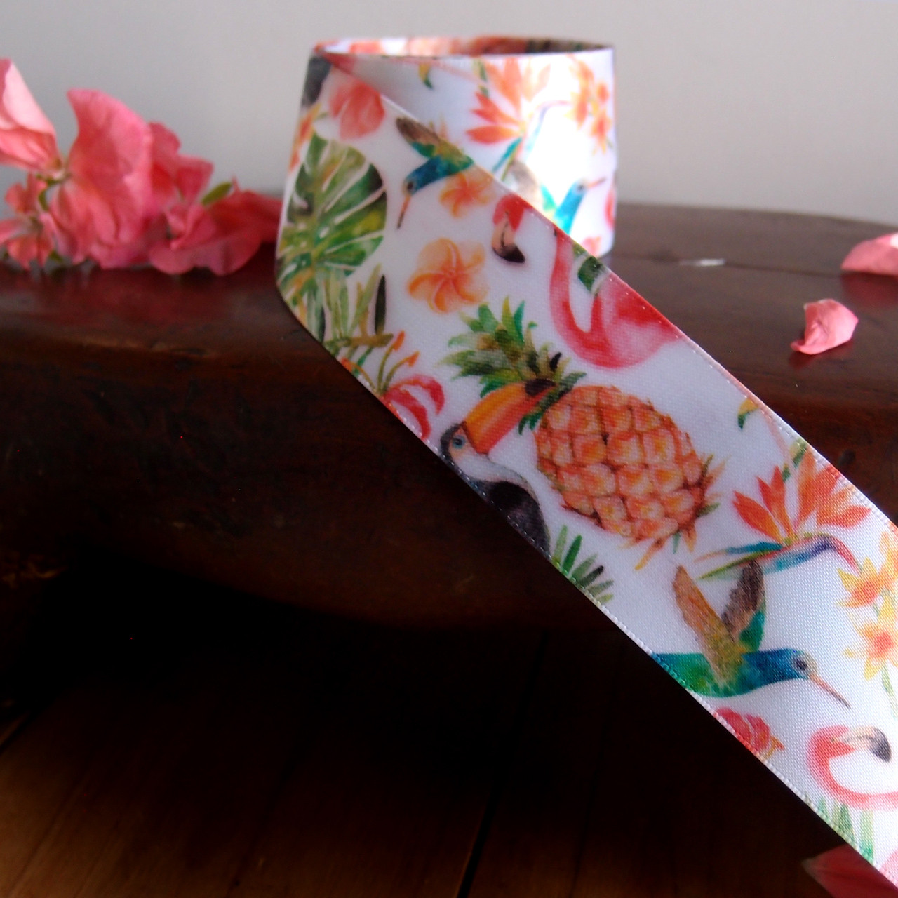 1 ½” x 10 meters Tropical Flamingos White Satin Ribbon