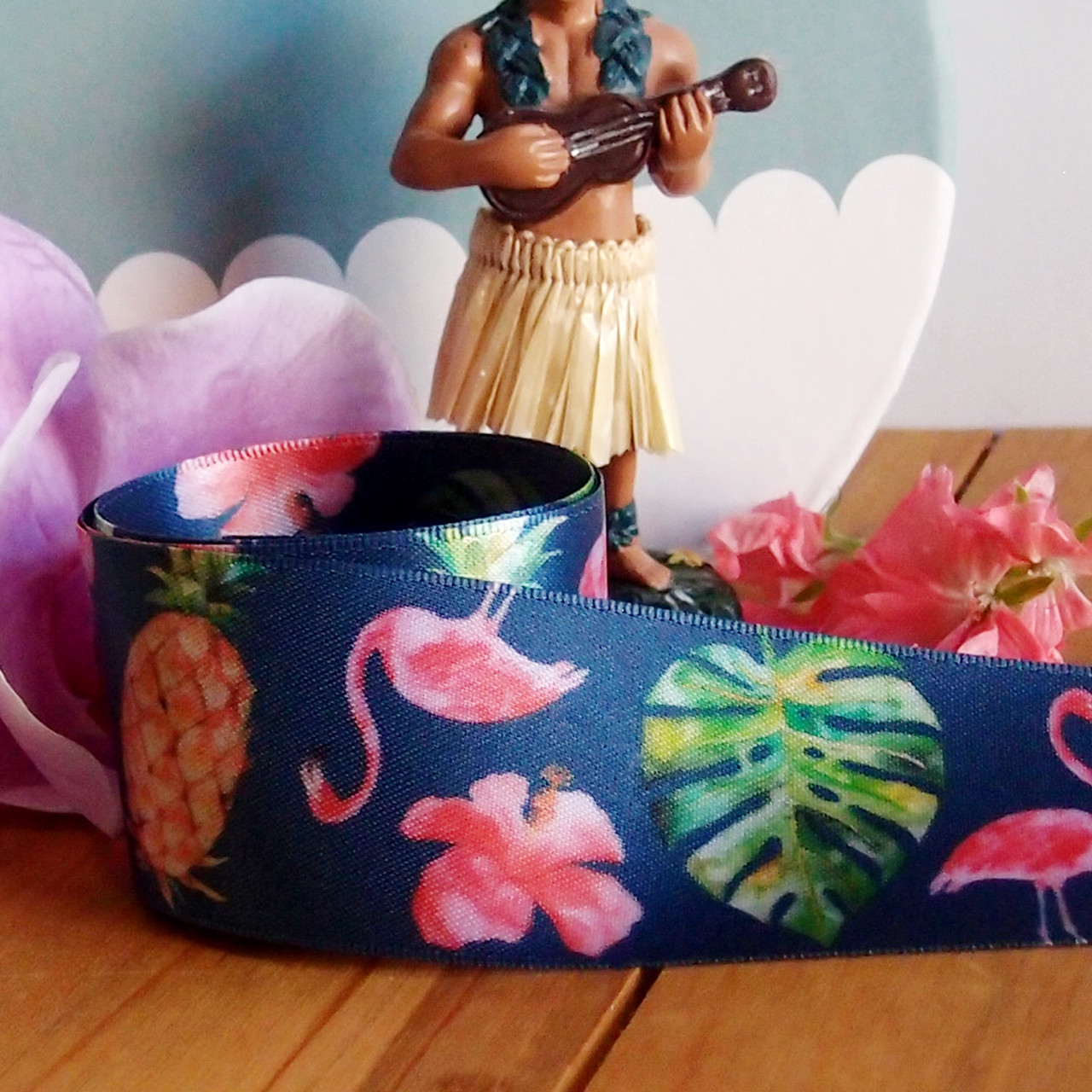 1 ½” x 10 meters  Tropical Flamingos Navy Satin Ribbon