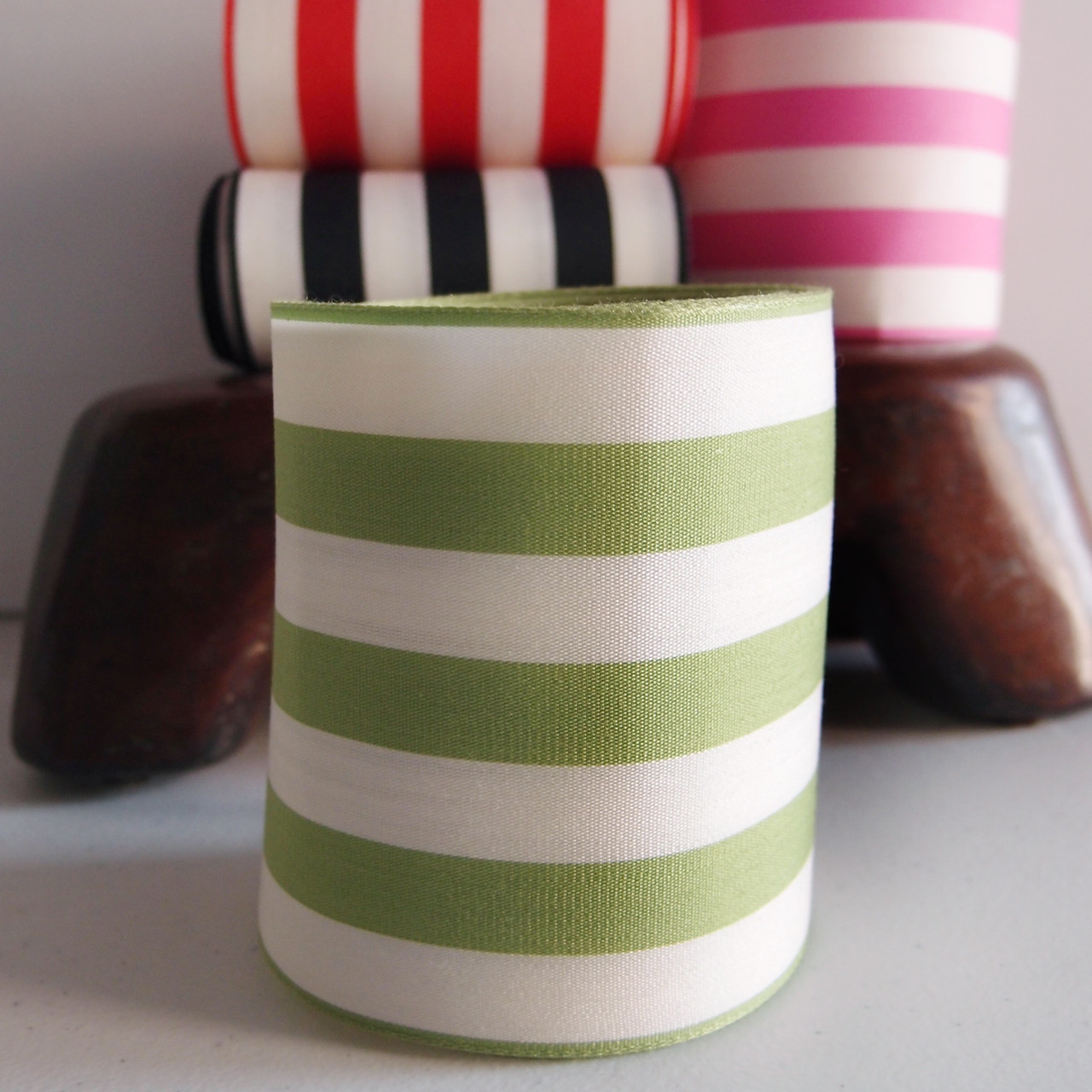 Lime Green and Ivory Striped Ribbon 4"