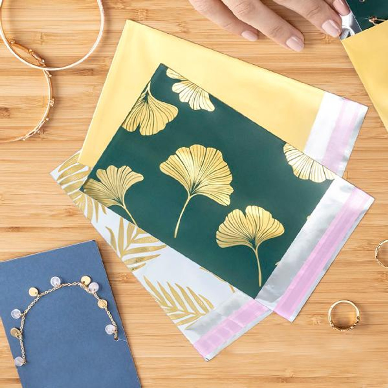 Adhesive Merchandise Bags 4” x 5 3/8” Gold Gingko on Green