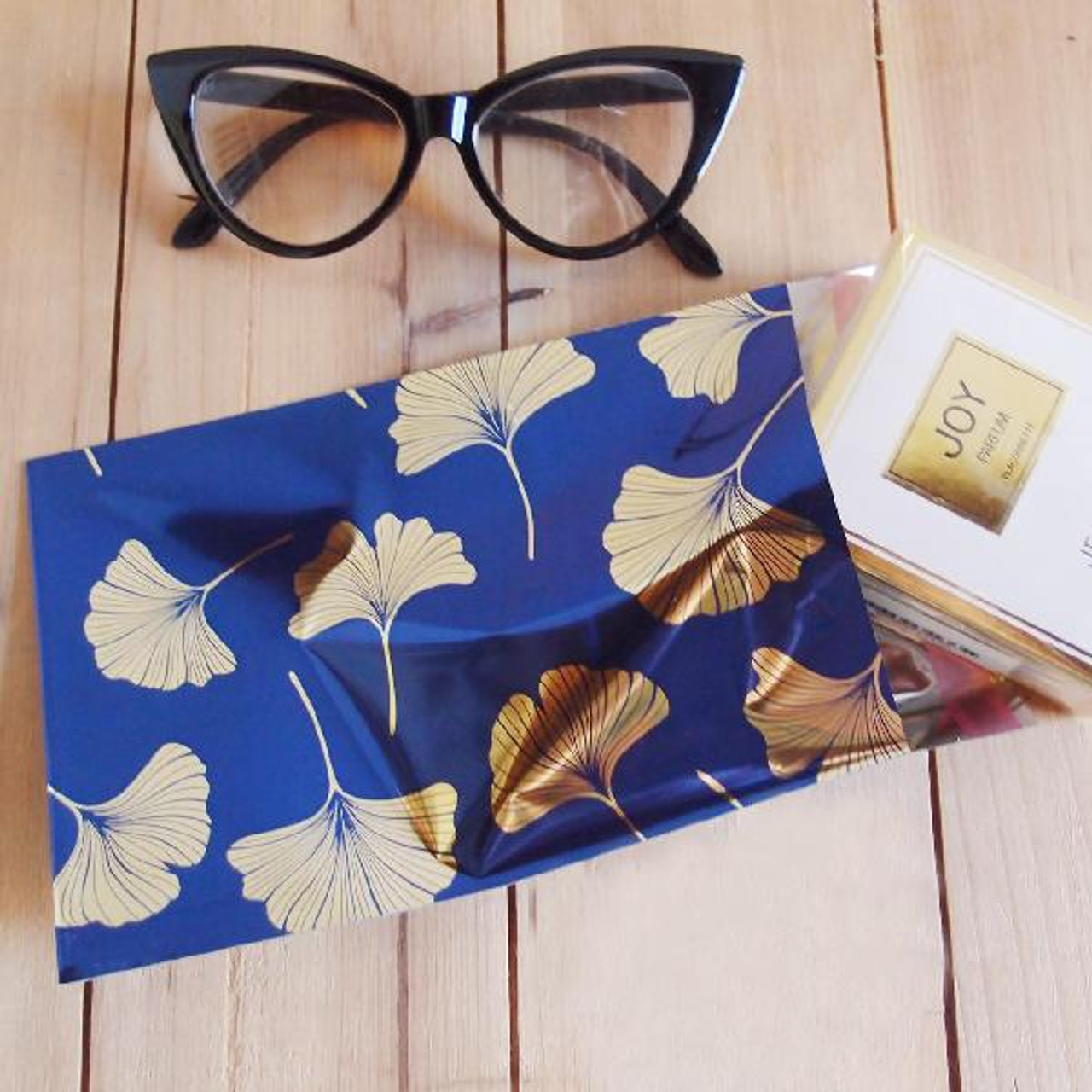 Adhesive Merchandise Bags 4 3/4" x 7 1/4" Gold Gingko on Blue