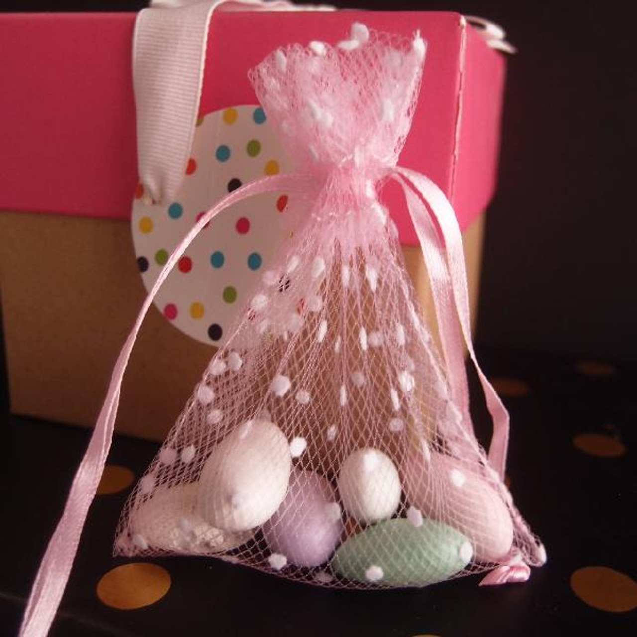Pink Mesh Bag with Felt White Small Dots (3 Sizes)