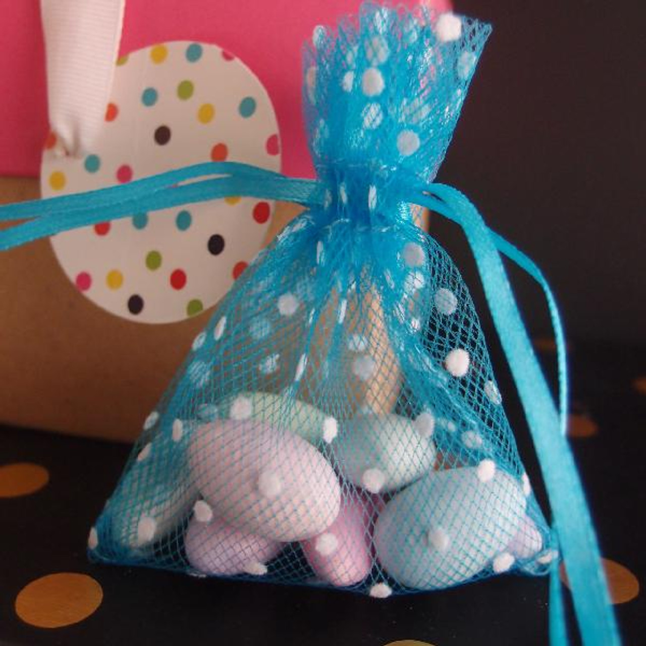 Turquoise Mesh Bag with Felt White Small Dots  (3 Sizes)