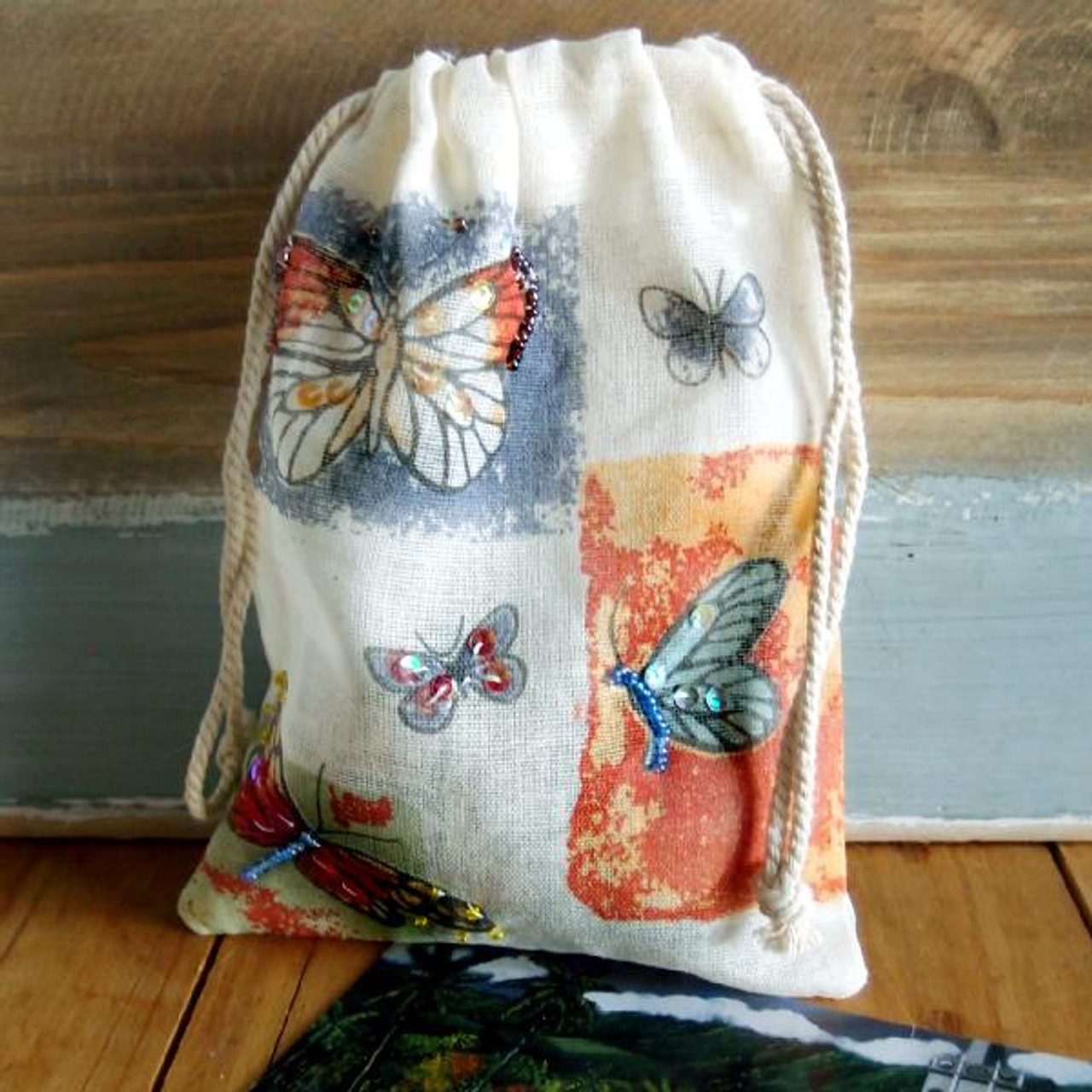 Drawstring Cotton Bag Butterfly Embellished with Beads 5"x 7"