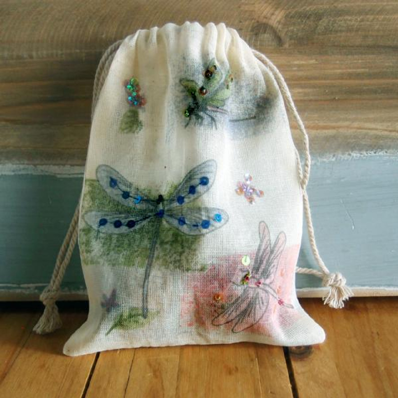 Drawstring Cotton Bag Dragonfly Embellished with Beads   5"x 7"