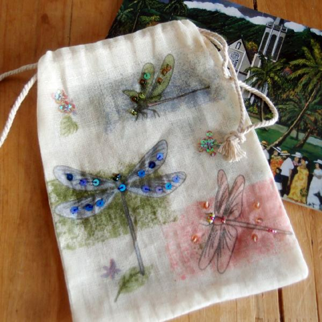 Drawstring Cotton Bag Dragonfly Embellished with Beads   5"x 7"