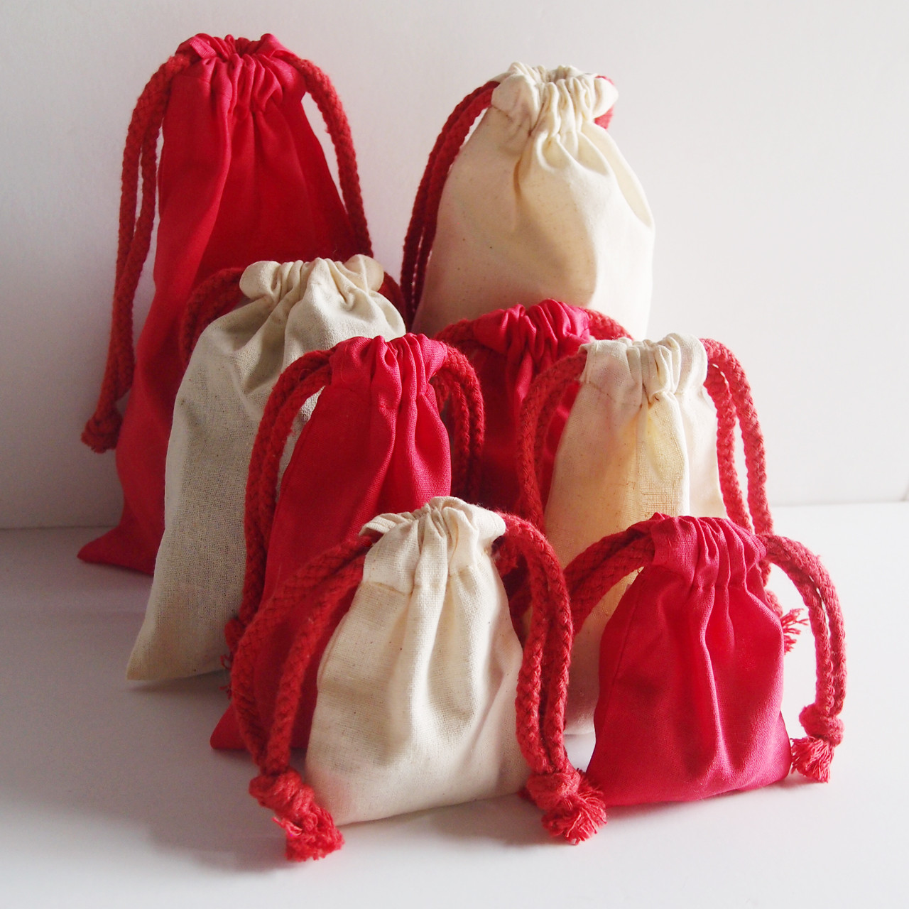 Red Cotton Canvas Drawstring Bags with Red Drawstring (10 sizes)