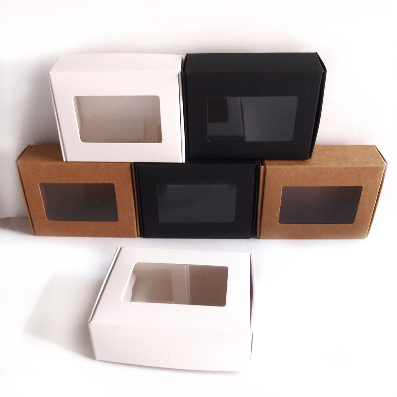 White Kraft Paperboard Tab Lock Folding Boxes with Window (8 Sizes)