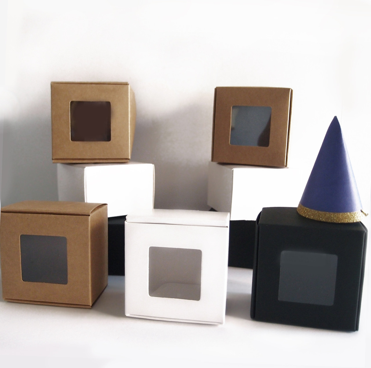 Black Kraft Paperboard Tab Lock Folding Boxes with Window (8 Sizes)