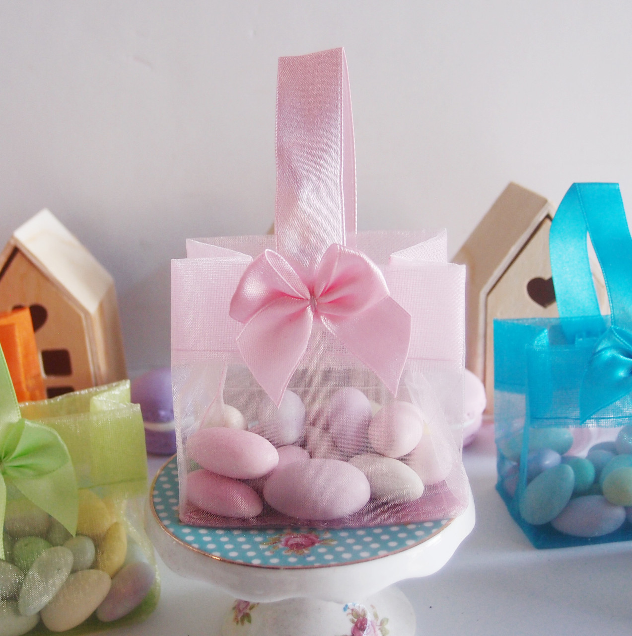 Pink Sheer Mini Tote Bag with Satin Bow Handle