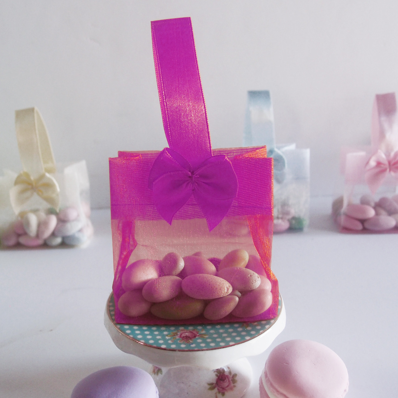 Hot Pink  Sheer Mini Tote Bag with Satin Bow Handle