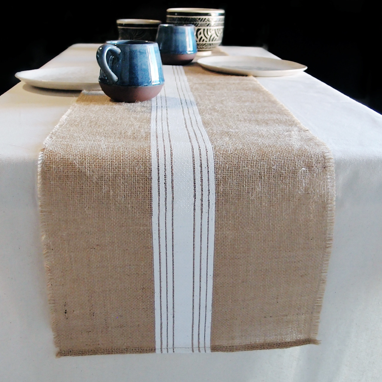 White Striped Jute Table Runner with Fringed Edge 12 ½ x 108 inches