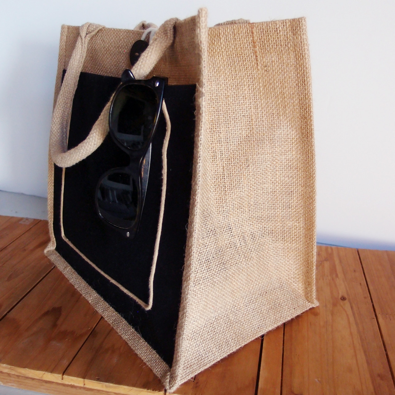 Jute Burlap Tote Bag with Black Pocket 12 x 12 x 7 ¾ inches