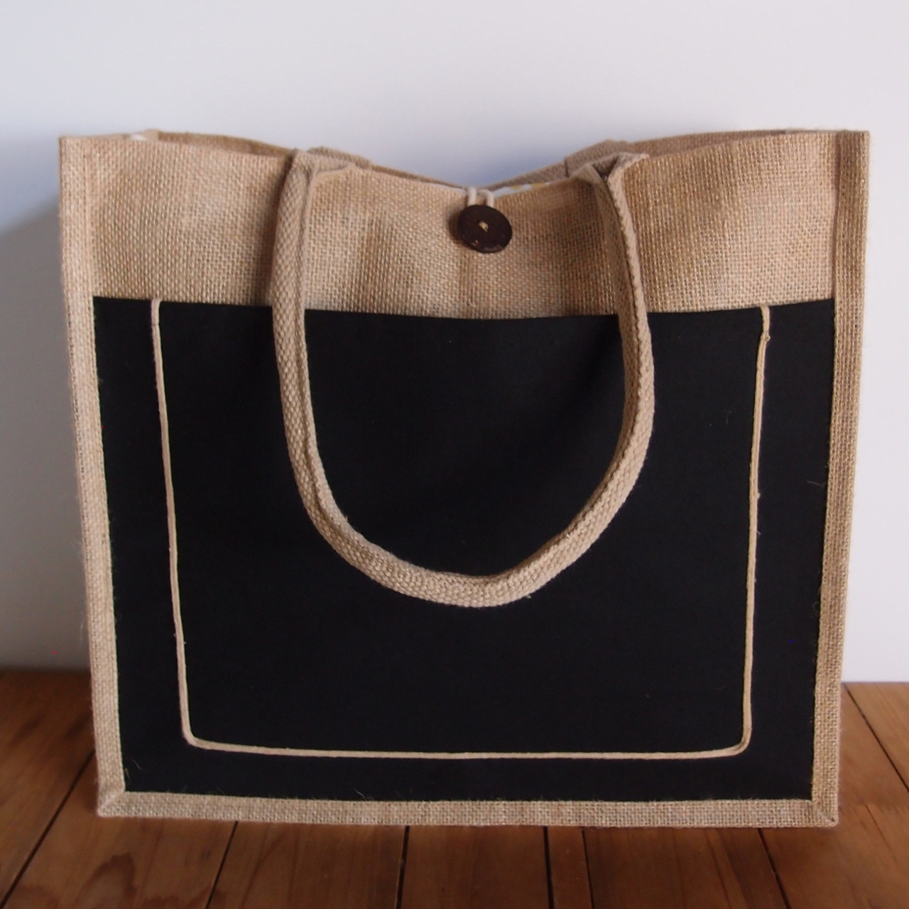 Jute Burlap Tote Bag with Black Pocket 15 ½ x 13 ¾ x 6 inches