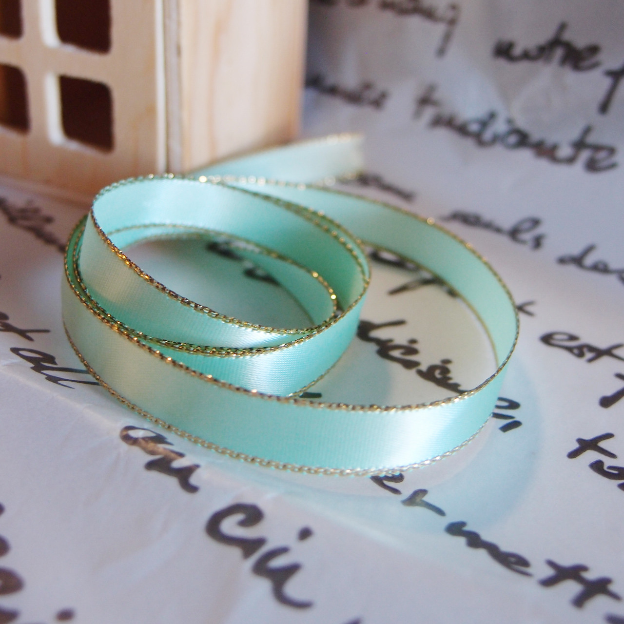 Mint Green Satin Ribbon with Gold Edge ⅜ inch, Wholesale Ribbon, Packaging Decor