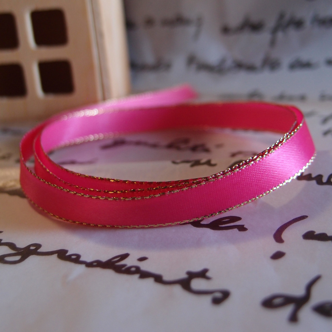 Hot Pink Satin Ribbon with Gold Edge ⅜ inch, Fuchsia Satin