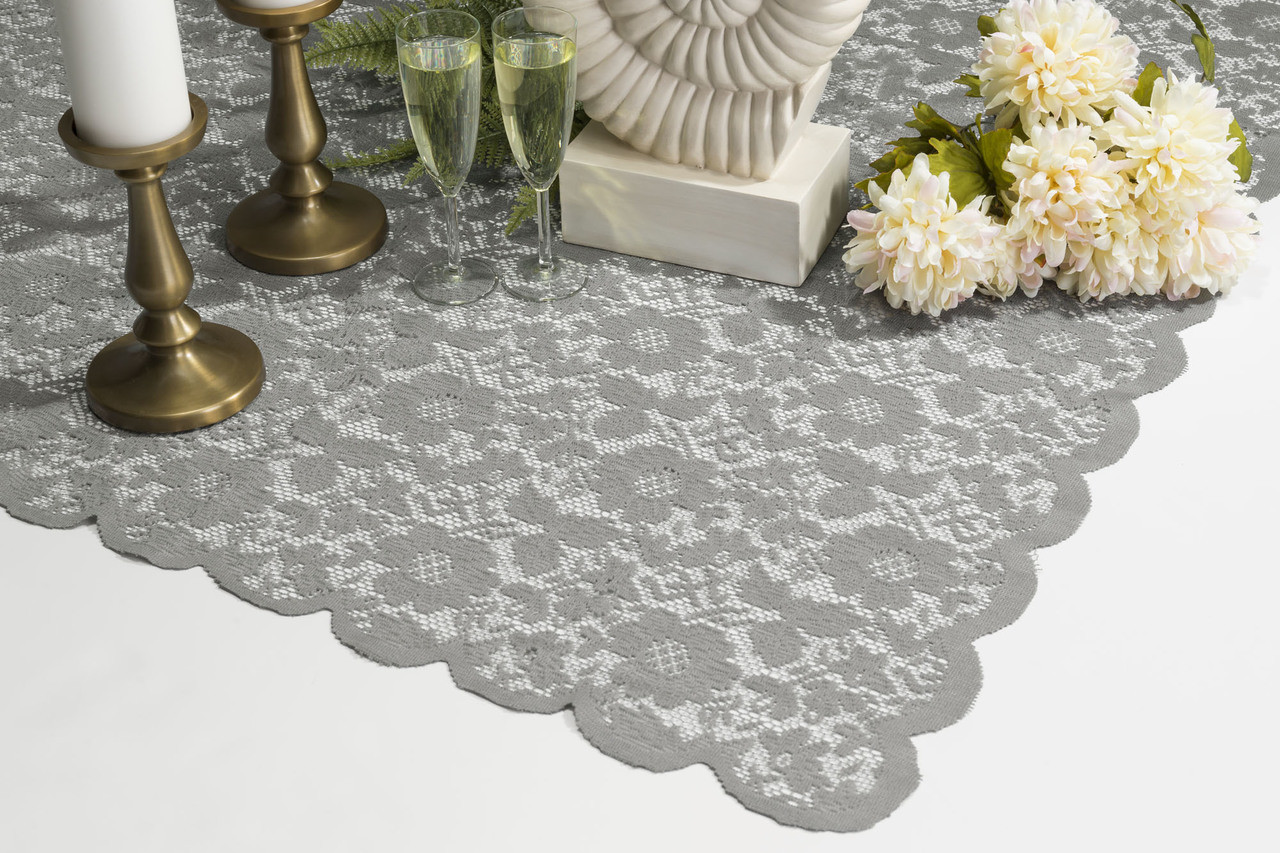 54"x54" Gray Floral Lace Square Table Overlay