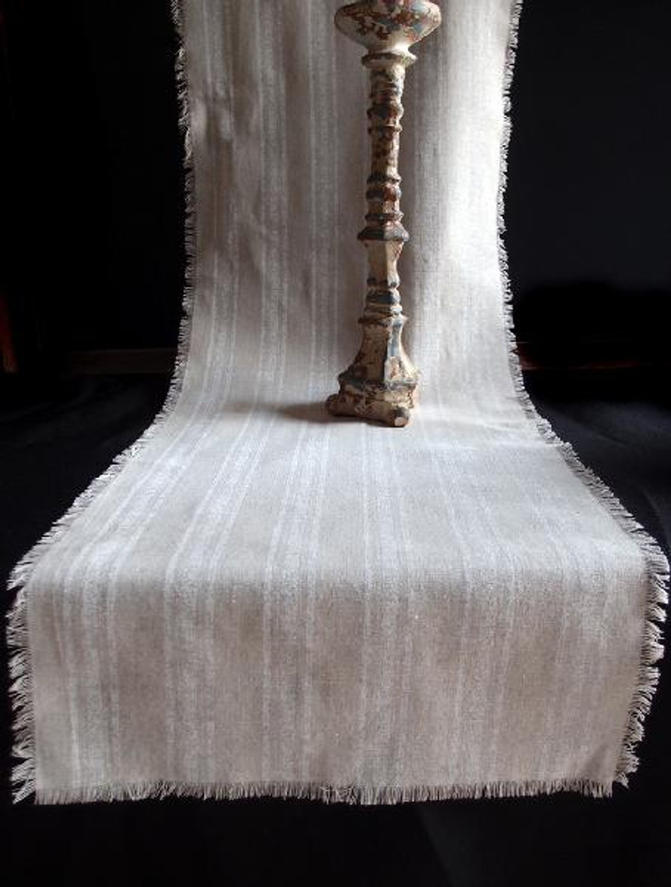 19"x108" White Stripes Linen Table Runner with Fringed Edge