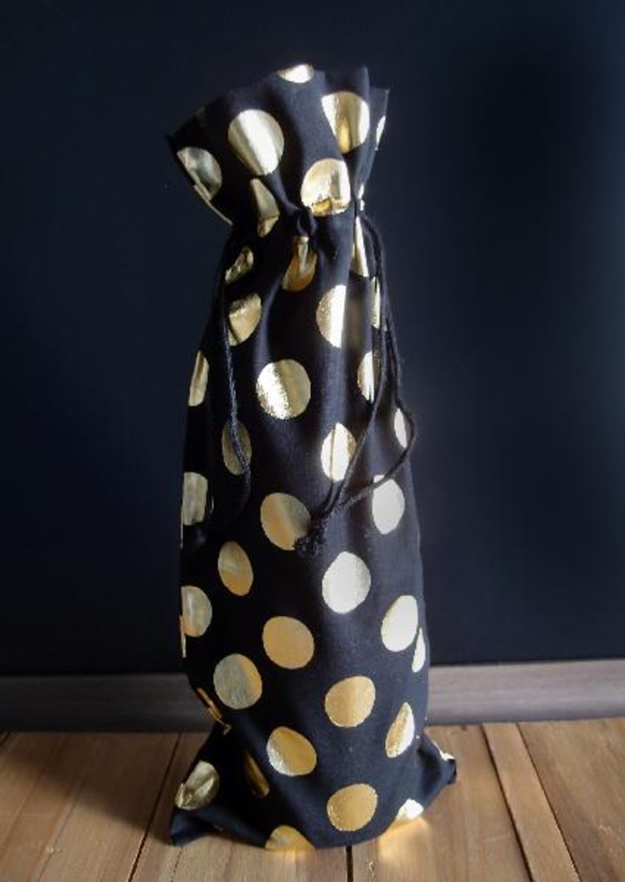 Cotton Black  Wine Bag with Gold Metallic Dots 6"x14" 